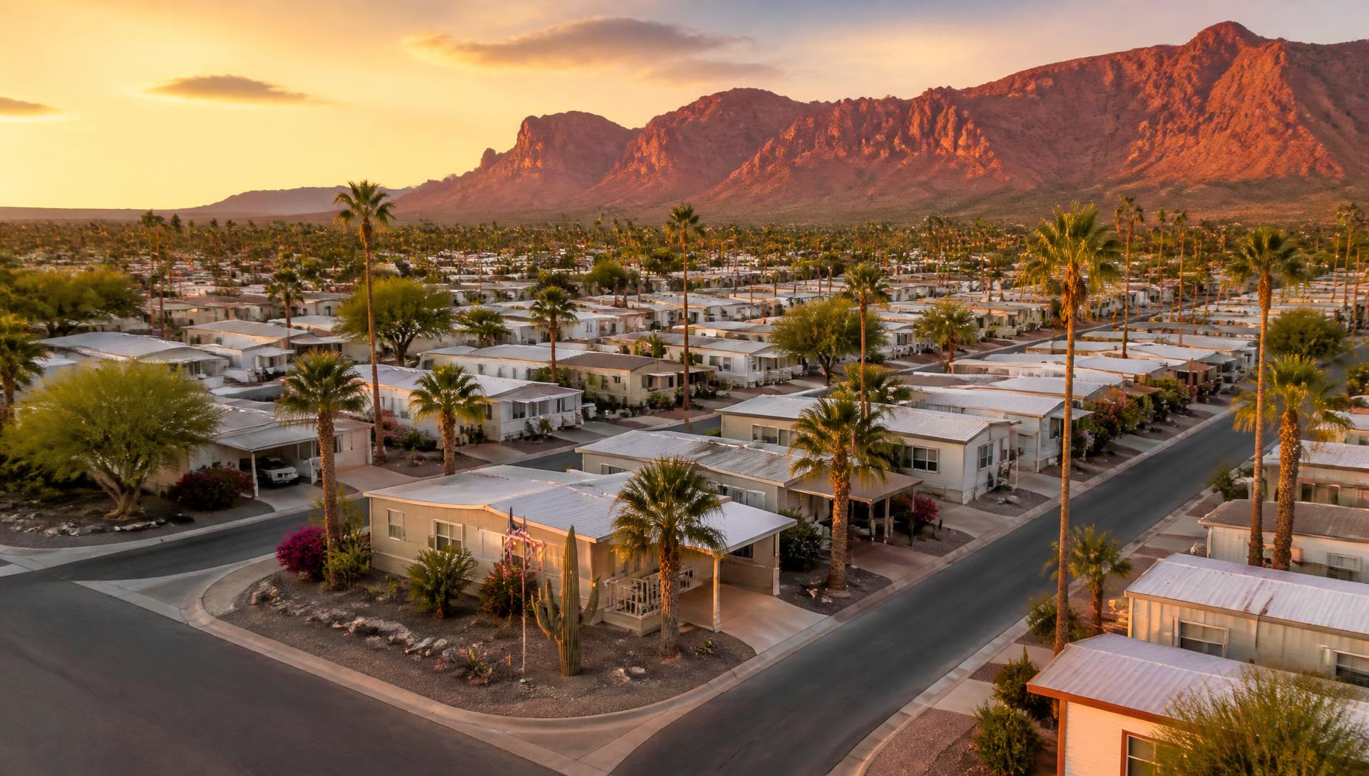 Aerial view of an Arizona mobile home park at sunset with desert mountains behind